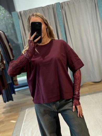 Immagine di T-SHIRT MANICA PIZZO - Disponibile in VERDE, ROSA, NERO, MARRONE, BIANCO, AZZURRO, BORDEAUX