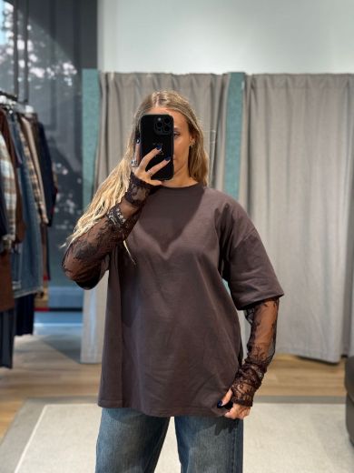 Immagine di T-SHIRT OVER MANICA PIZZO - Disponibile in NERO, MARRONE