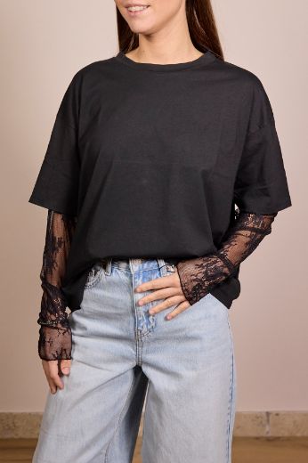 Immagine di T-SHIRT MANICA PIZZO - Disponibile in ROSA, NERO, GIALLO, BIANCO, VERDE SALVIA, MORO