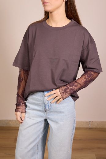 Immagine di T-SHIRT MANICA PIZZO - Disponibile in ROSA, NERO, GIALLO, BIANCO, VERDE SALVIA, MORO