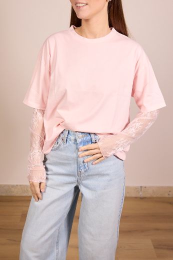 Immagine di T-SHIRT MANICA PIZZO - Disponibile in ROSA, NERO, GIALLO, BIANCO, VERDE SALVIA, MORO