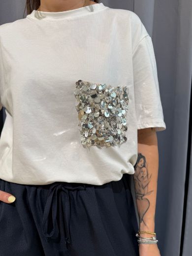 Immagine di T-SHIRT TASCHINA PAILLETTES - Disponibile in NERO, BIANCO