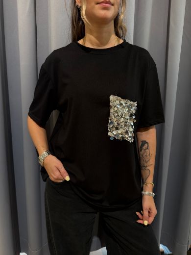 Immagine di T-SHIRT TASCHINA PAILLETTES - Disponibile in NERO, BIANCO